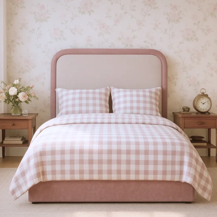 łóżko tapicerowane dusty rose z wysokim zagłówkiem i lamówką, pastelowe łóżko dla dziewczynki w stylu minimalistycznym, kremowo-różowe rozmiar 120x200 oraz 140x200