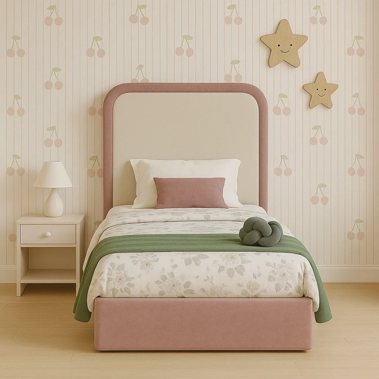 łóżko pastelowe dusty pink, łóżko kremowo-różowe 90x200, łóżko dziewczęce tapicerowane, łóżko z wysokim zagłówkiem dla dziecka, łóżko z tkaniną Maxi Clean