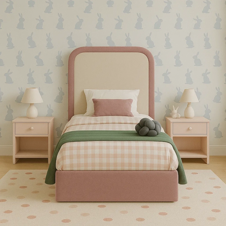 łóżko pastelowe dusty pink, łóżko kremowo-różowe 90x200, łóżko dziewczęce tapicerowane, łóżko z wysokim zagłówkiem dla dziecka, łóżko z tkaniną Maxi Clean