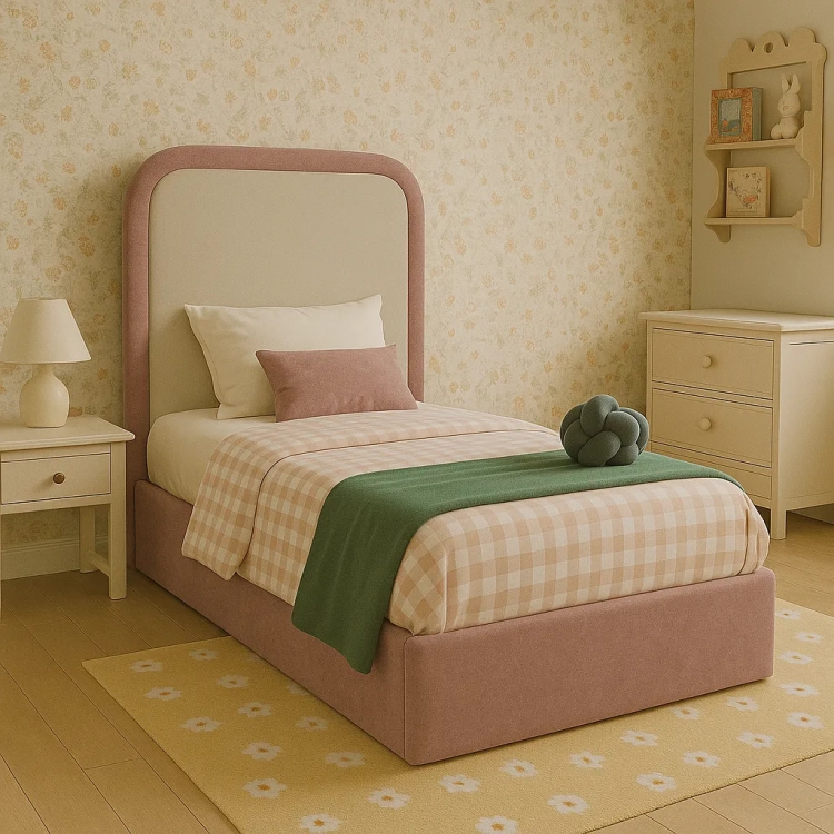 łóżko pastelowe dusty pink, łóżko kremowo-różowe 90x200, łóżko dziewczęce tapicerowane, łóżko z wysokim zagłówkiem dla dziecka, łóżko z tkaniną Maxi Clean