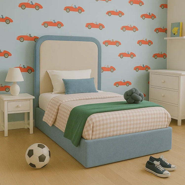 łóżko tapicerowane Simple Blue z wysokim zagłówkiem w chłopięcym pokoju, błękitne łóżko 90x200 dla nastolatka, nowoczesne łóżko bez nóżek z kremowym panelem