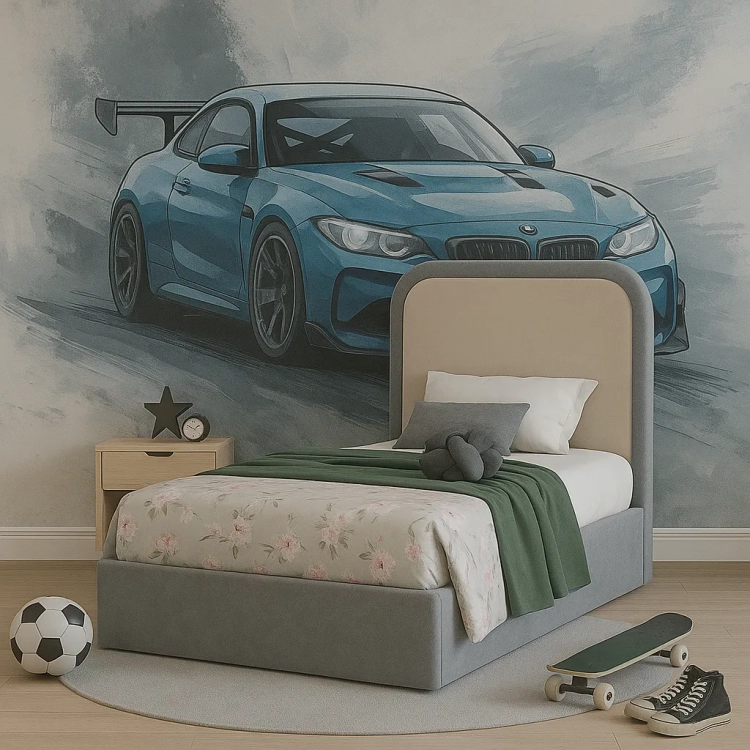 łóżko tapicerowane Simple Grey 90x200 z wysokim zagłówkiem i szarą lamówką, nowoczesne łóżko kremowo-szare do pokoju chłopca lub nastolatka