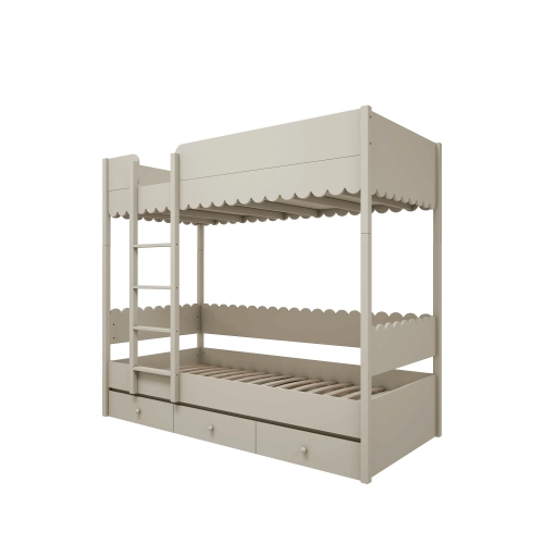 łóżko piętrowe Babushka oliwkowe z falbanką i szufladą, retro łóżko dziecięce 90x200 w pastelowej zieleni, stylizowane łóżko dla rodzeństwa w naturalnej kolorystyce