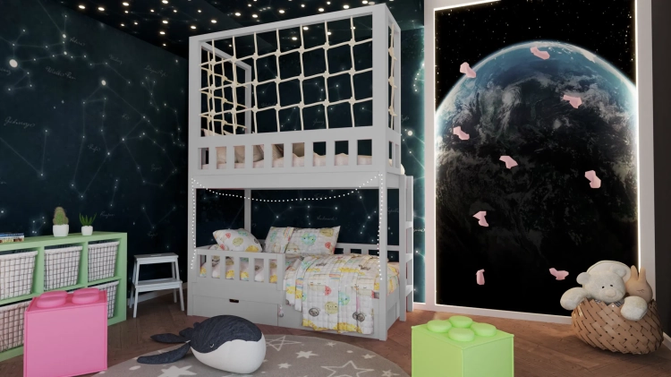 łóżko piętrowe Sky Mission jasnoszare, skandynawski styl w pokoju dziecięcym, jasnoszare łóżko z barierkami