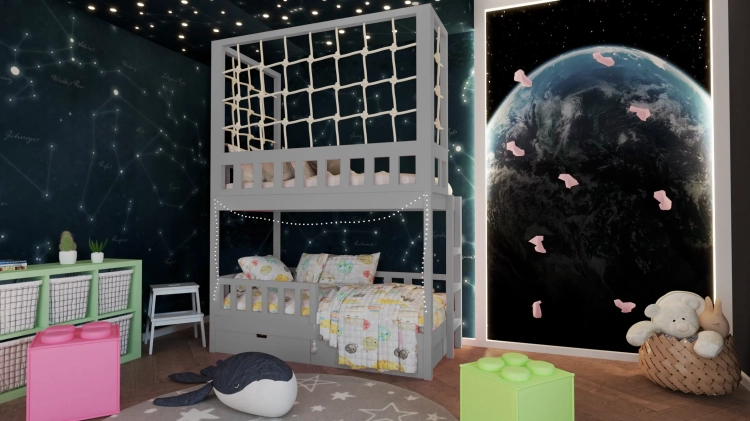 łóżko piętrowe Sky Mission szare, nowoczesne szare łóżko dziecięce z linową siatką, pokój w stylu loft