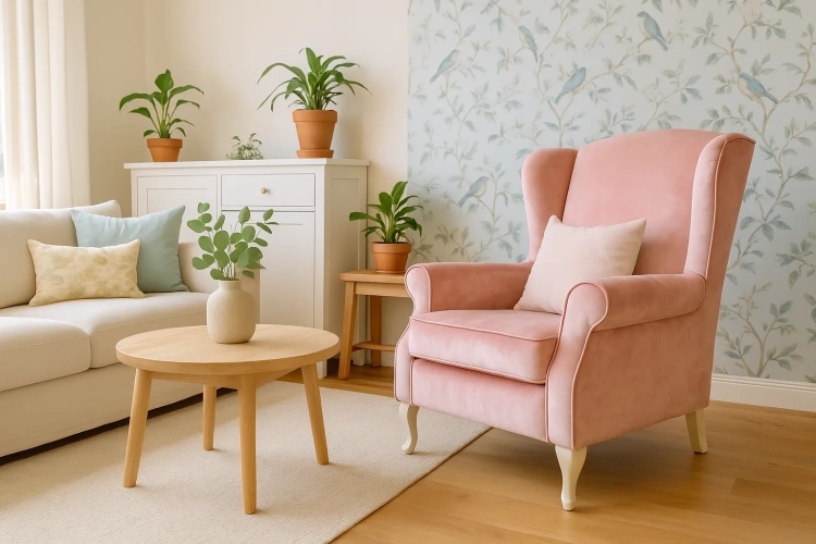 fotel różowy aksamitny do salonu, fotel uszak velvet pink