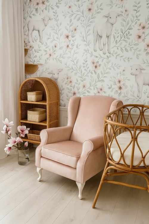 pokój boho dla niemowlęcia, wiklinowe meble i różowy fotel do karmienia