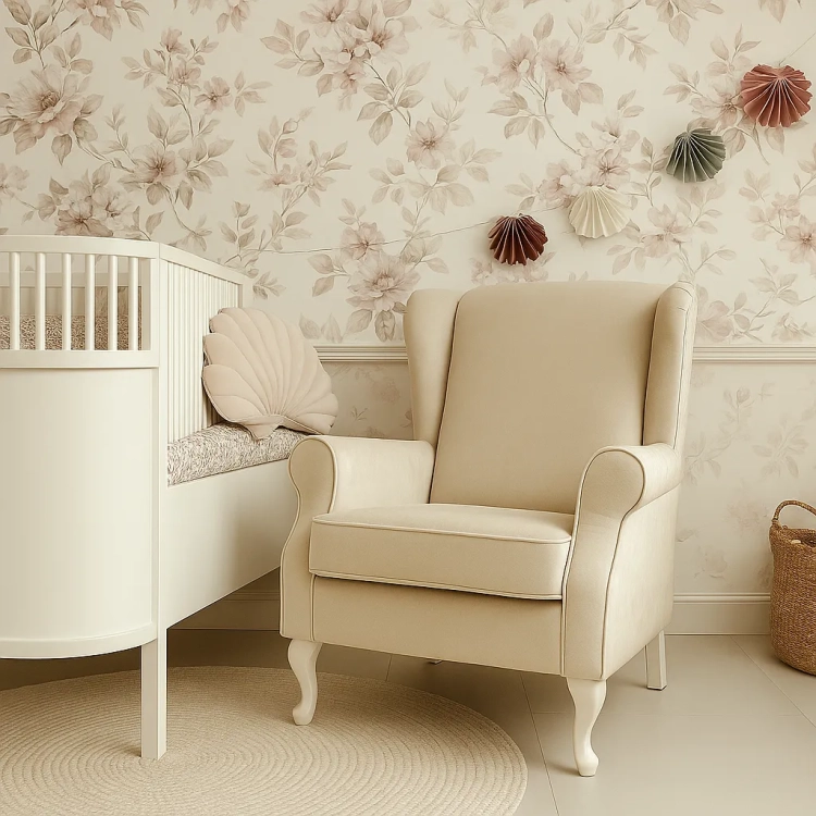 fotel Lugo kremowy velvet w salonie, fotel uszak velvet kremowy z podnóżkiem, fotel do karmienia w stylu klasycznym, elegancki fotel aksamitny kremowy, fotel Lugo kremowy na drewnianych nogach