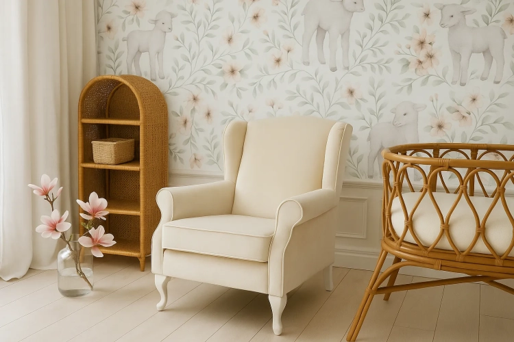 fotel Lugo kremowy velvet w salonie, fotel uszak velvet kremowy z podnóżkiem, fotel do karmienia w stylu klasycznym, elegancki fotel aksamitny kremowy, fotel Lugo kremowy na drewnianych nogach