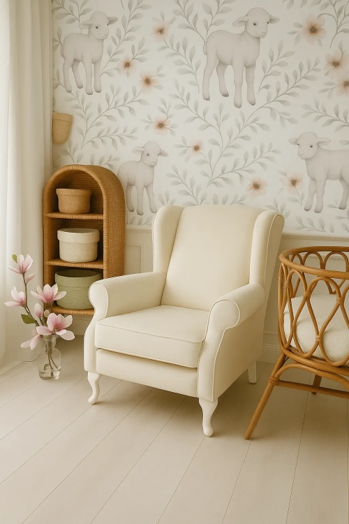fotel Lugo kremowy velvet w salonie, fotel uszak velvet kremowy z podnóżkiem, fotel do karmienia w stylu klasycznym, elegancki fotel aksamitny kremowy, fotel Lugo kremowy na drewnianych nogach