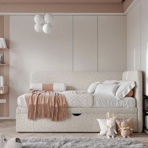 łóżko tapicerowane misiaczkowe teddy kremowe, tkanina bukla