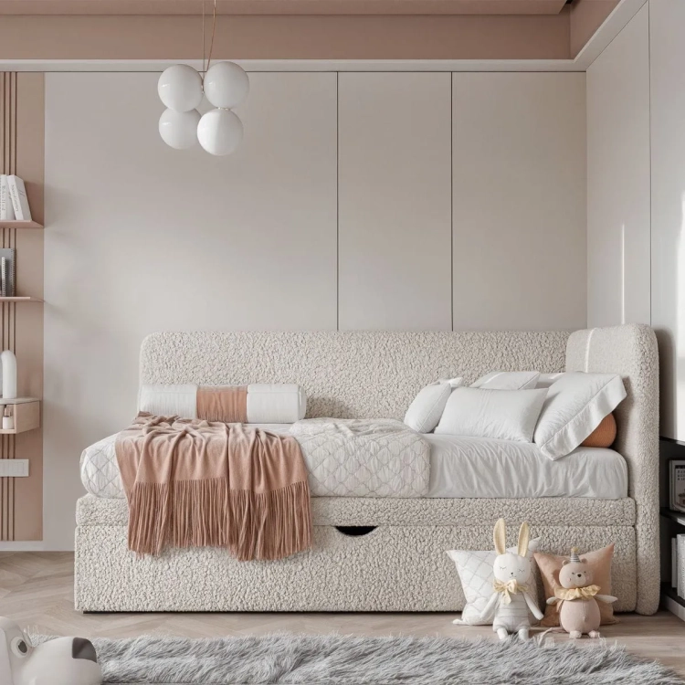łóżko tapicerowane misiaczkowe teddy kremowe, tkanina bukla