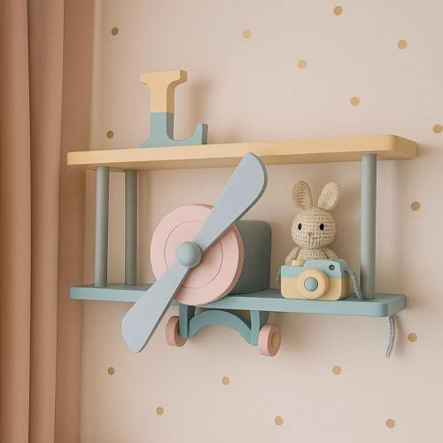 ręcznie wykonana półka dziecięca w kształcie samolotu, różowa z niebieskimi elementami, dekoracja do pokoju dziewczynki w stylu retro
