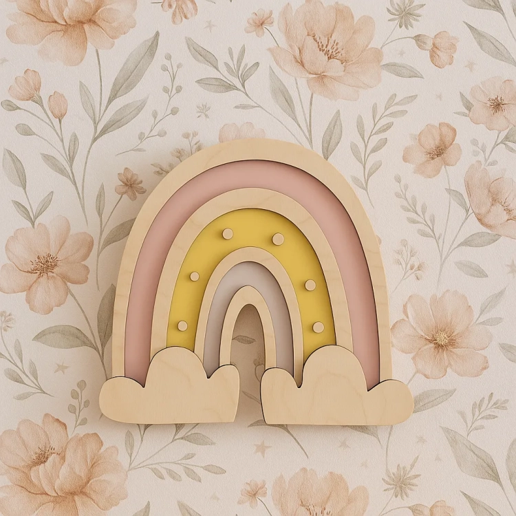 pastelowa lampka ścienna DreamBow w kształcie tęczy z chmurkami, z drewna brzozowego, idealna do pokoju dziecka