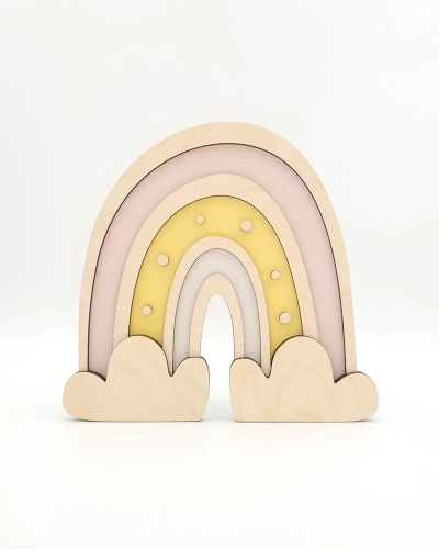 stylowa lampka ścienna tęcza z bezpiecznych materiałów, ciepłe światło, naturalne drewno i pastelowe kolory
