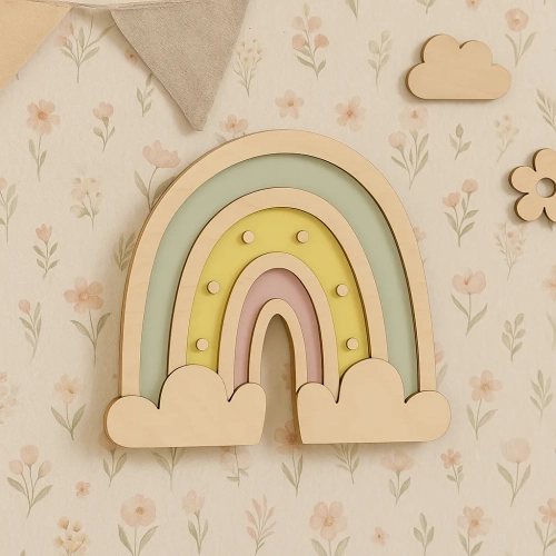 lampka drewniana na ścianę tęcza, pastelowa miętowa