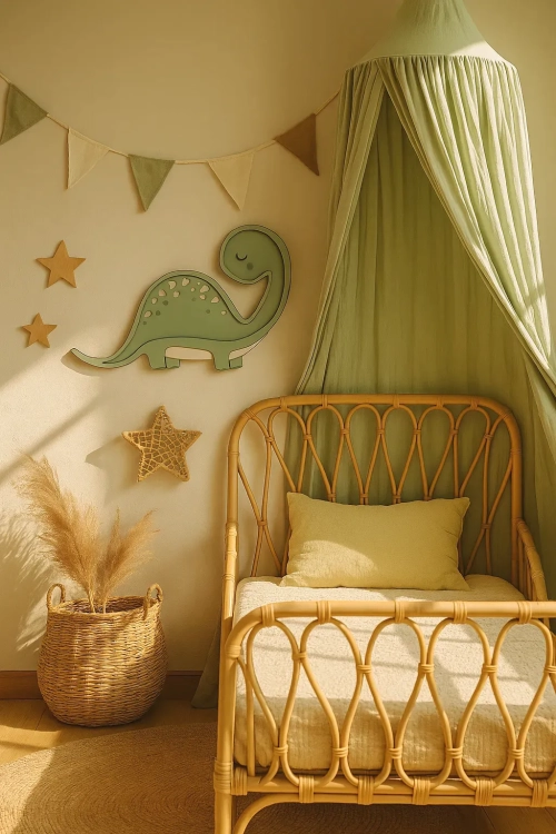 pokój boho dla chłopca z zielenią, lampka ścienna zielona dinozaur
