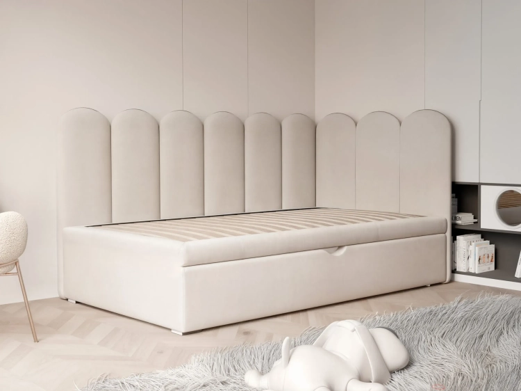 łóżko tapicerowane kremowe z zagłówkiem w formie łuków i szufladą na pościel, model Velvet Arch