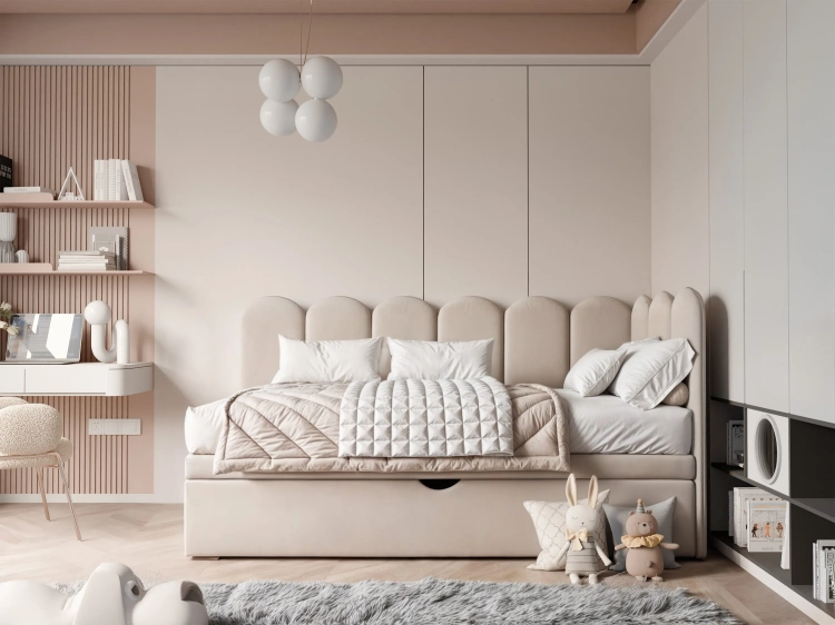 łóżko z zagłówkiem w formie łuków i szufladą na pościel, model Velvet Arch