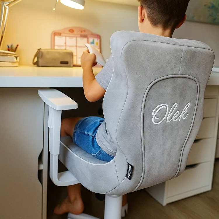 szare aksamitne krzesło do biurka dla chłopca z imieniem, ergonomiczne idealne do grania w gry i do nauki