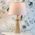 rustykalna lampa stojąca w stylu vintage – jesionowy korpus i lniany różowy klosz