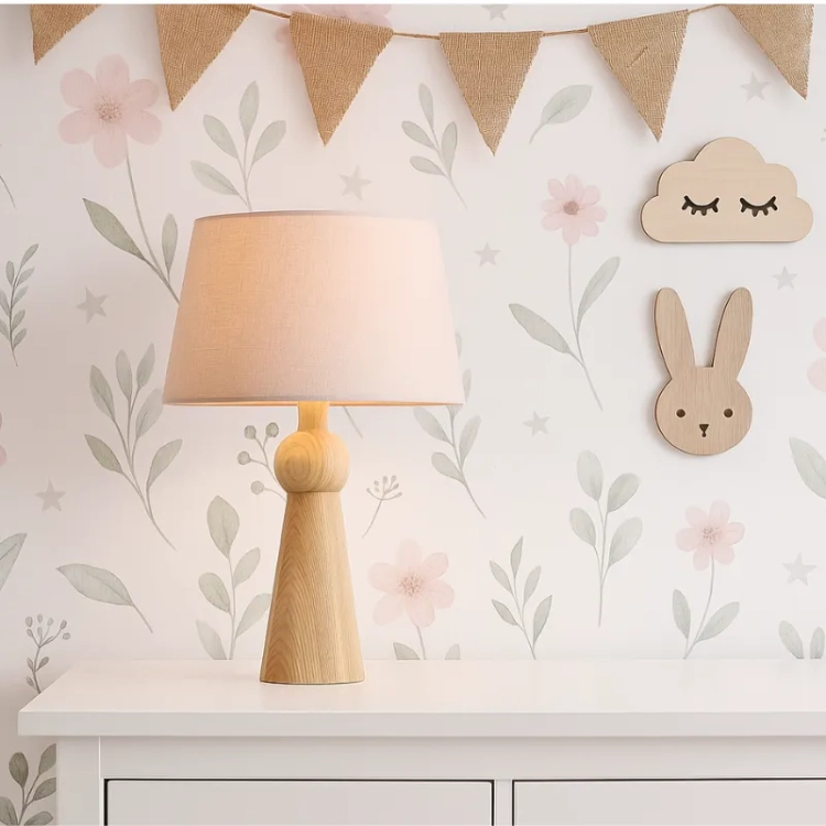 lampka nocna do pokoju nastolatki – lampa z litego jesionu i pastelowym różowym kloszem