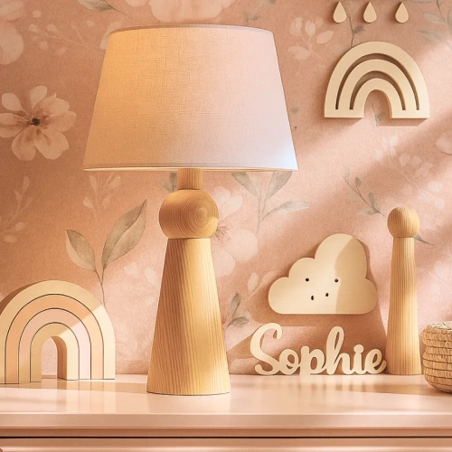 lampa stojąca z drewna jesionowego z lnianym kloszem w kolorze pudrowego różu do pokoju dziewczynki