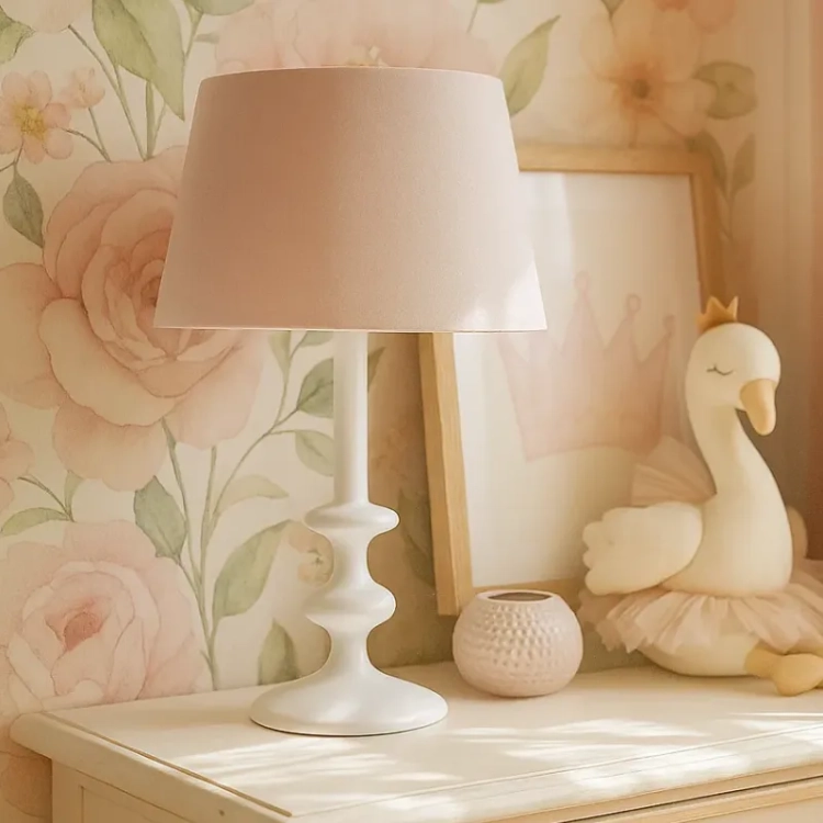 piękna lampka nocna do pokoju dziewczynki w stylu vintage, jasny aksamitny różowy klosz i biała noga