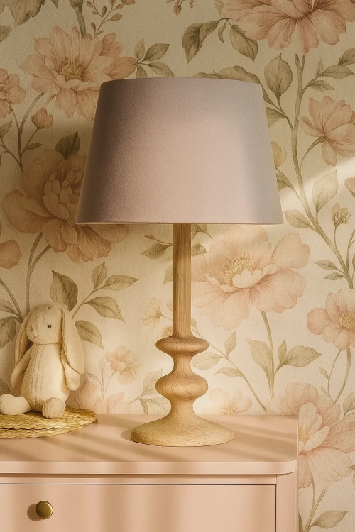 piękna lampka vintage drewniana z kloszem pudrowym, dekoracje do pokoju dziewczynki