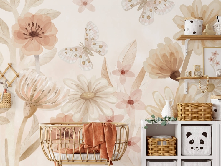 mural ścienny z pastelowymi kwiatami w stylu boho do pokoju dziecka