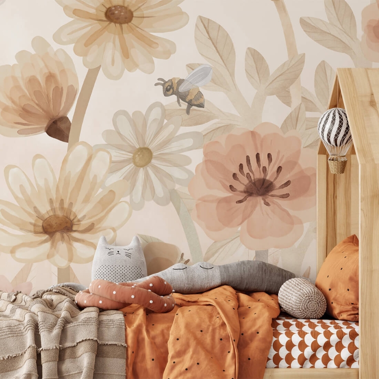 tapeta pudrowa w kwiaty boho, duży mural do pokoju dziewczynki i chłopca