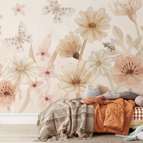 tapeta pudrowa w kwiaty boho, duży mural do pokoju dziewczynki i chłopca
