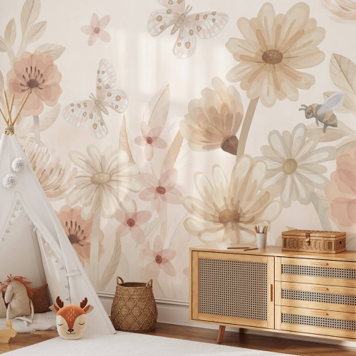 tapeta pudrowa w kwiaty boho, duży mural do pokoju dziewczynki i chłopca