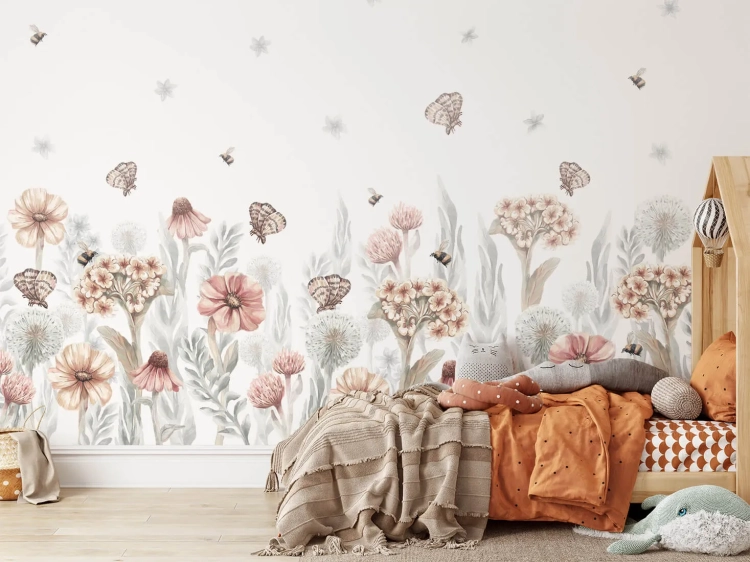 mural dziecięcy pastelowy z delikatnym wzorem łąki do pokoju dziewczynki i chłopca