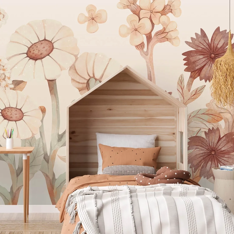 tapeta dziecięca boho z dużymi kwiatami w odcieniach beżu, pudru i bordo, do pokoju dziewczynki