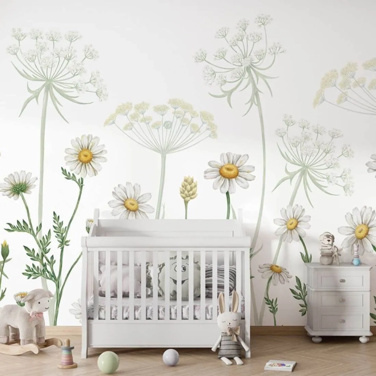 tapeta botaniczna z białymi stokrotkami i zielonymi gałązkami, jasne tło, styl naturalny