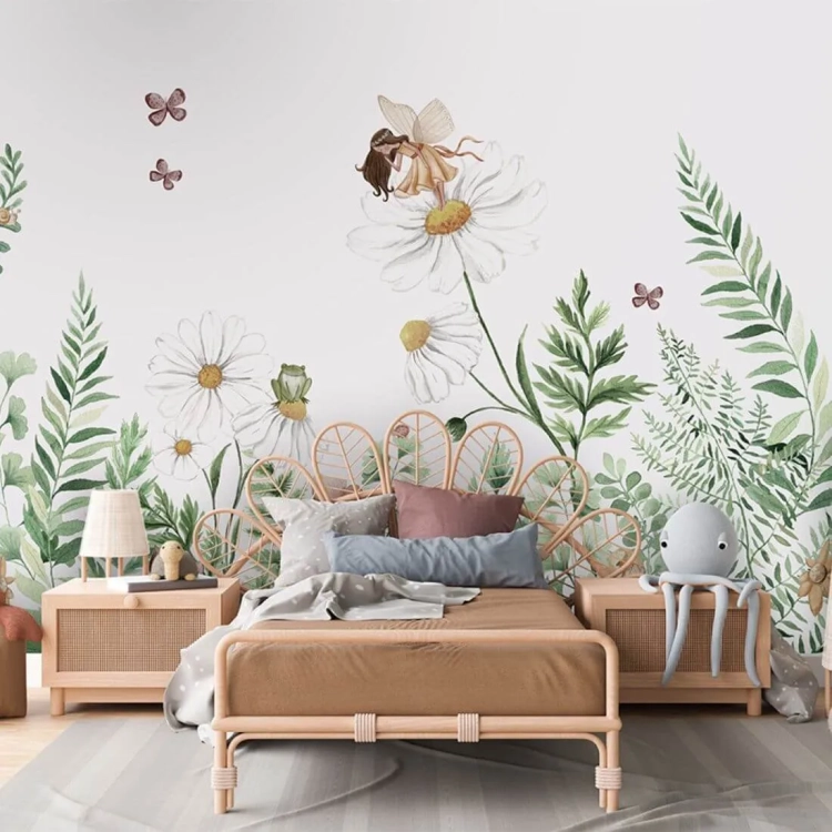 tapeta dziecięca Fairy Garden z wróżką na kwiatku, zielona łąka, stokrotki i motyle