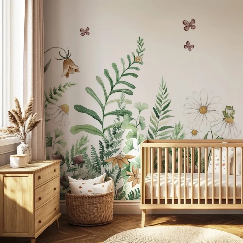 tapeta botaniczna w stylu baśniowym do pokoju dziewczynki