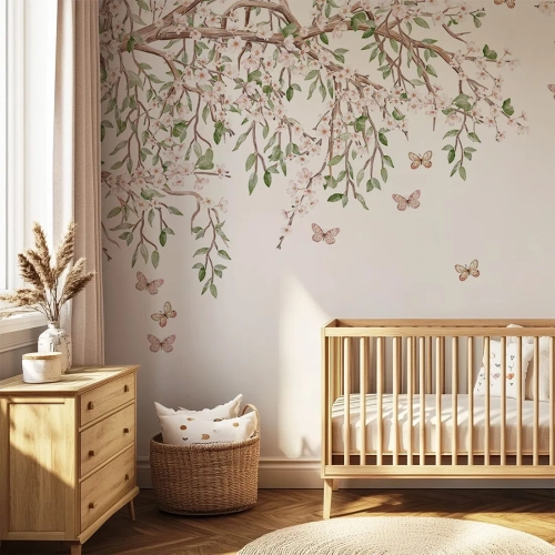 mural pastelowy z kwiatami i zielonymi liśćmi do pokoju dziecka