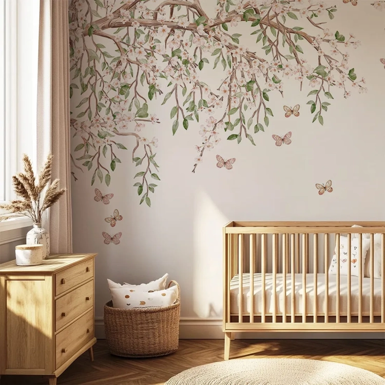 mural pastelowy z kwiatami i zielonymi liśćmi do pokoju dziecka
