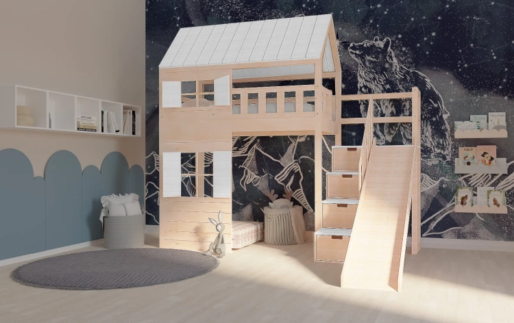 łóżko domek Galaxy 90x200 z daszkiem i oknami, miejsce do zabawy pod spodem