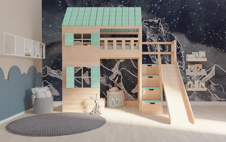 łóżko domek Galaxy 90x200 z daszkiem i oknami, miejsce do zabawy pod spodem