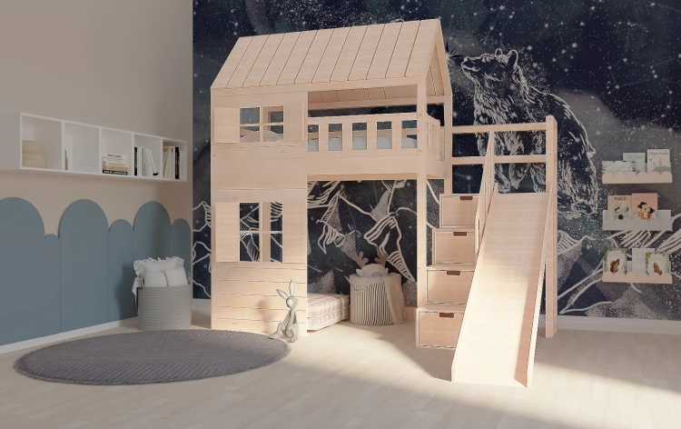 łóżko domek Galaxy 90x200 z daszkiem i oknami, miejsce do zabawy pod spodem