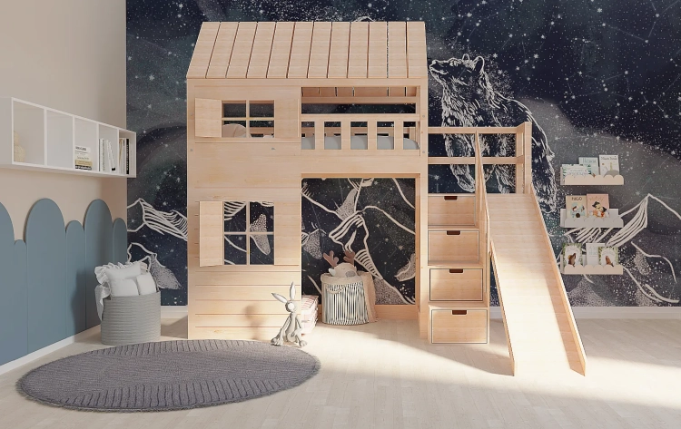 łóżko domek Galaxy 90x200 z daszkiem i oknami, miejsce do zabawy pod spodem