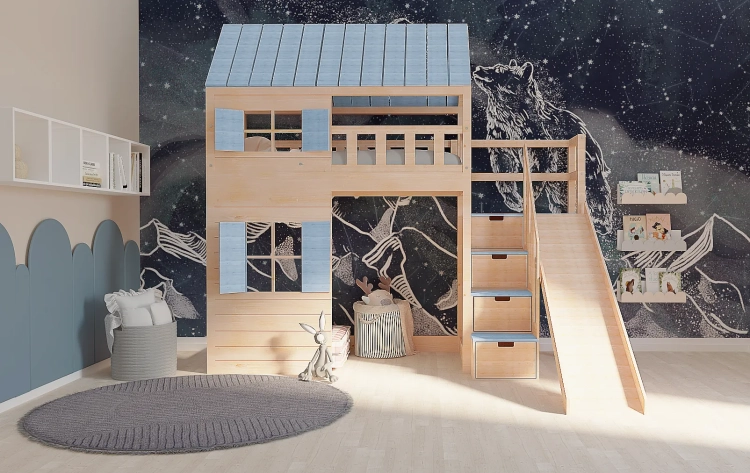 łóżko domek Galaxy 90x200 z daszkiem i oknami, miejsce do zabawy pod spodem