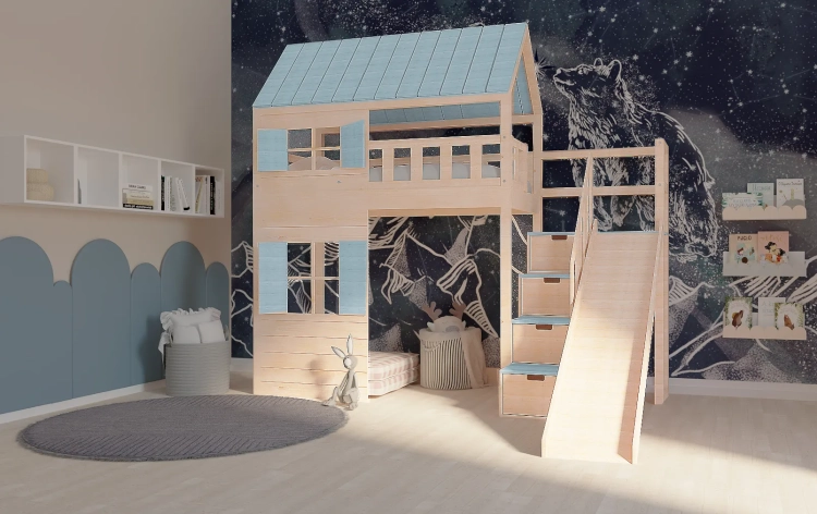 łóżko domek Galaxy 90x200 z daszkiem i oknami, miejsce do zabawy pod spodem