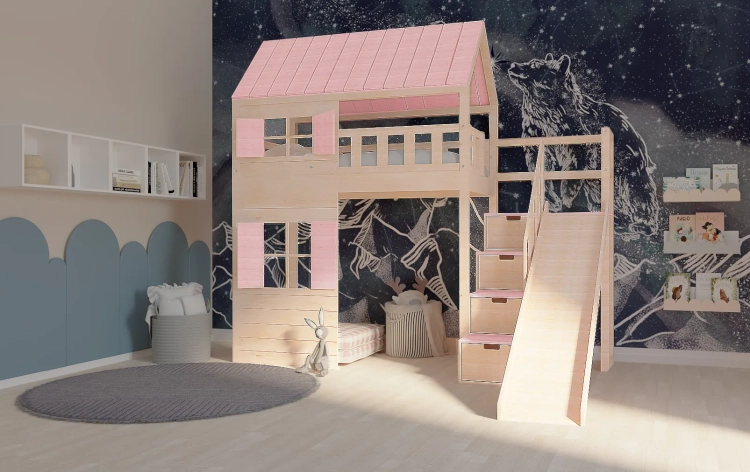 łóżko domek Galaxy 90x200 z daszkiem i oknami, miejsce do zabawy pod spodem