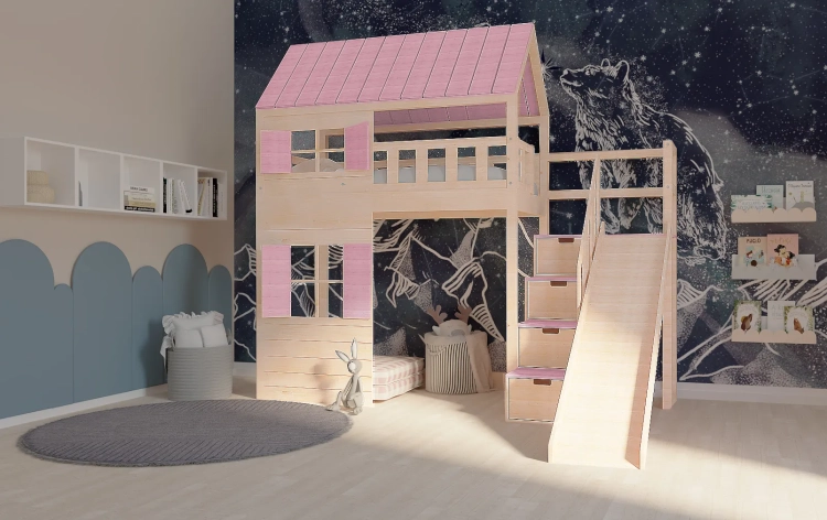 łóżko domek Galaxy 90x200 z daszkiem i oknami, miejsce do zabawy pod spodem