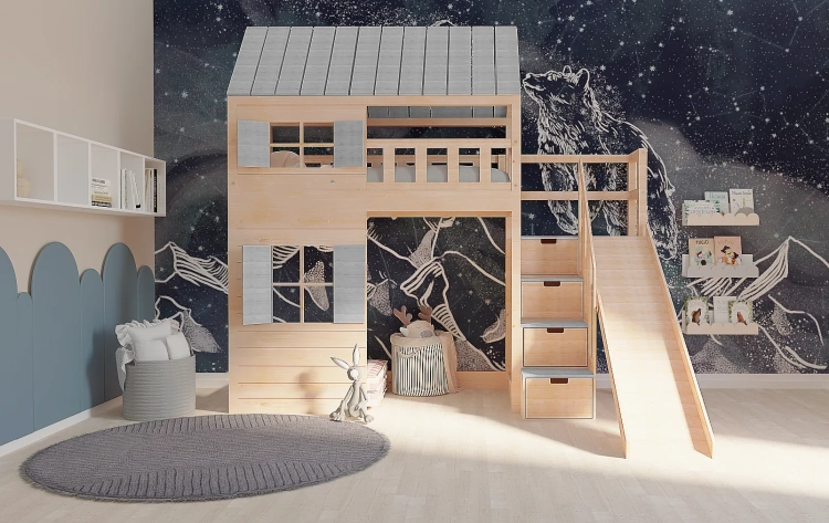łóżko domek Galaxy 90x200 z daszkiem i oknami, miejsce do zabawy pod spodem