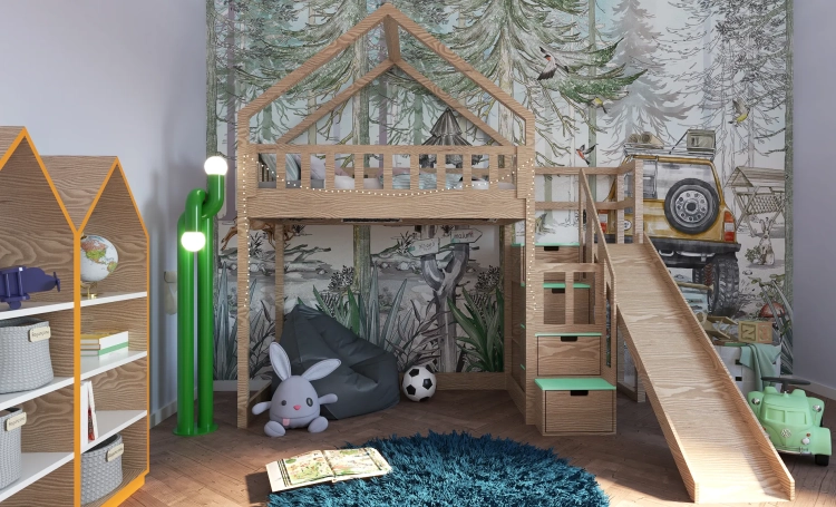 łóżko domek Sunny Peak na antresoli ze zjeżdżalnią, z miejscem do zabawy pod spodem i opcją ścianki wspinaczkowej